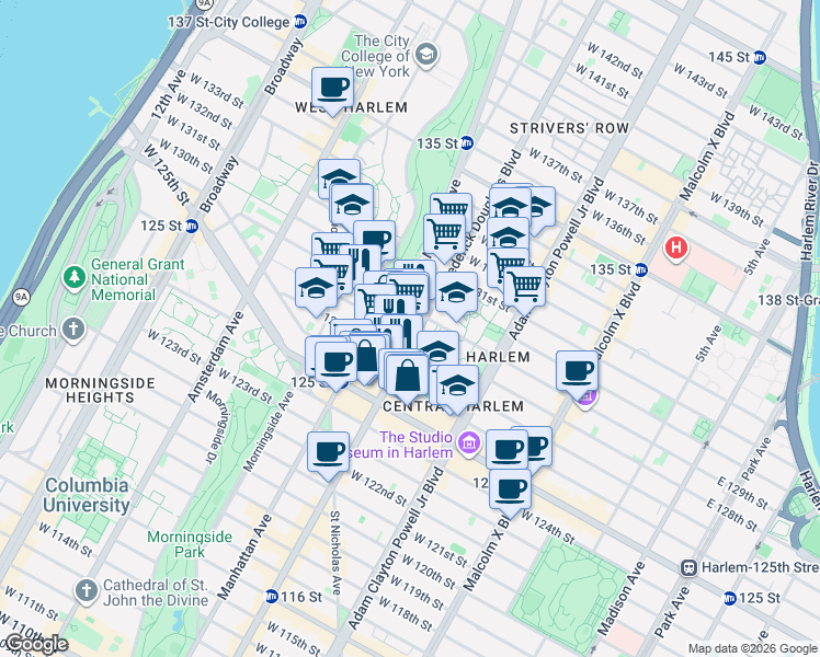 map of restaurants, bars, coffee shops, grocery stores, and more near 2377 Frederick Douglass Boulevard in New York