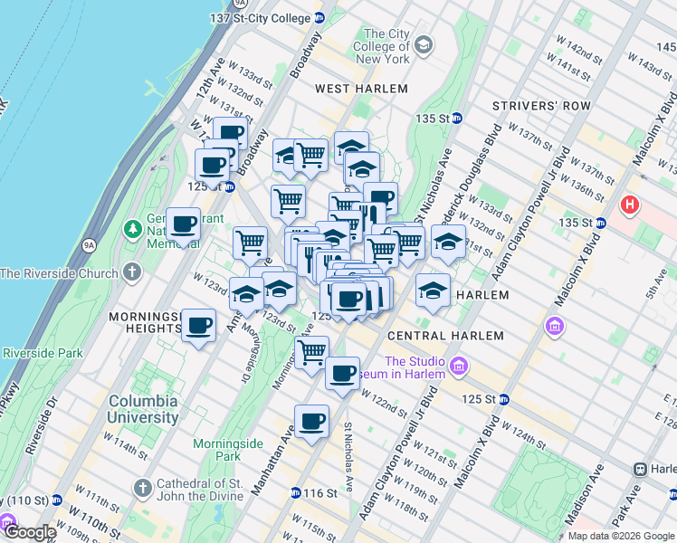 map of restaurants, bars, coffee shops, grocery stores, and more near in New York