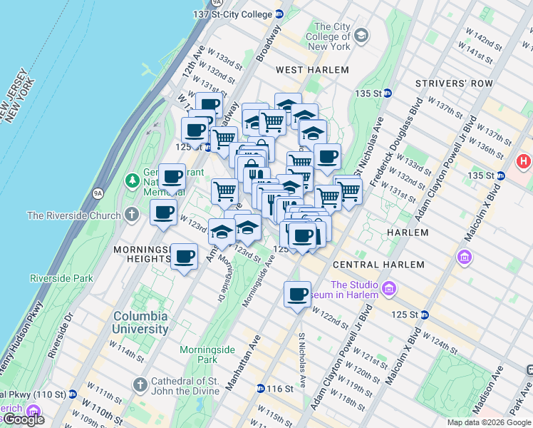 map of restaurants, bars, coffee shops, grocery stores, and more near 412 West 126th Street in New York