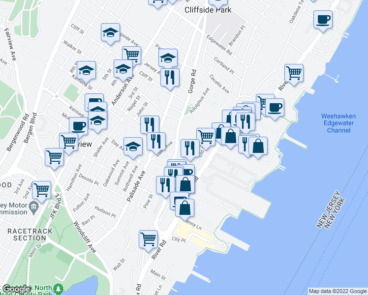map of restaurants, bars, coffee shops, grocery stores, and more near 342 Old River Road in Edgewater