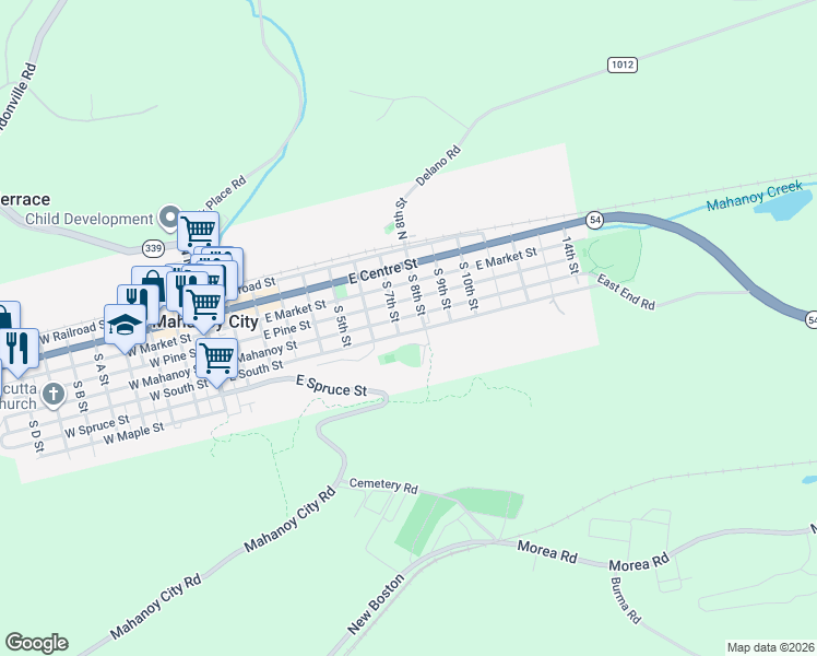 map of restaurants, bars, coffee shops, grocery stores, and more near 626 East South Street in Mahanoy City