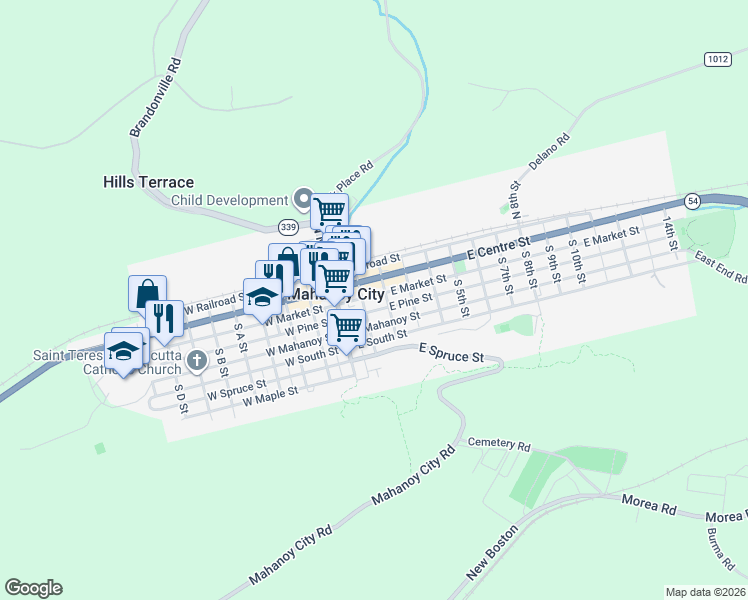 map of restaurants, bars, coffee shops, grocery stores, and more near 110 East Pine Street in Mahanoy City
