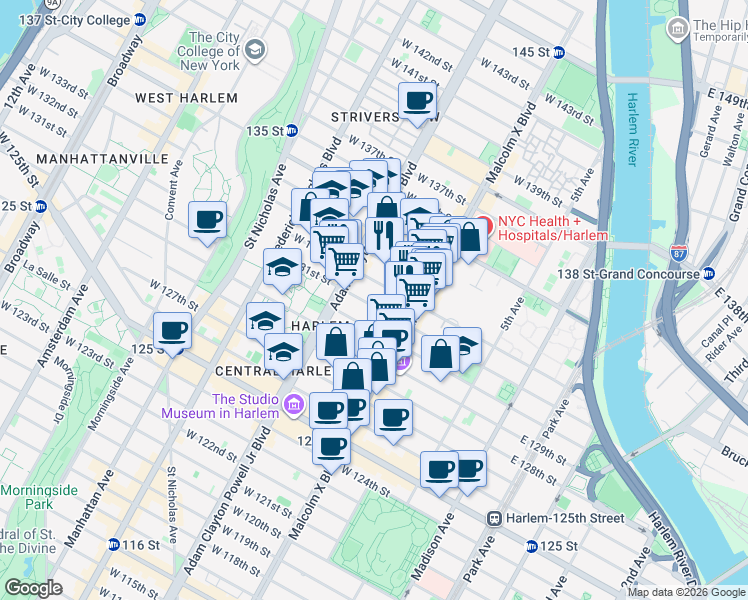 map of restaurants, bars, coffee shops, grocery stores, and more near 141 West 131st Street in New York