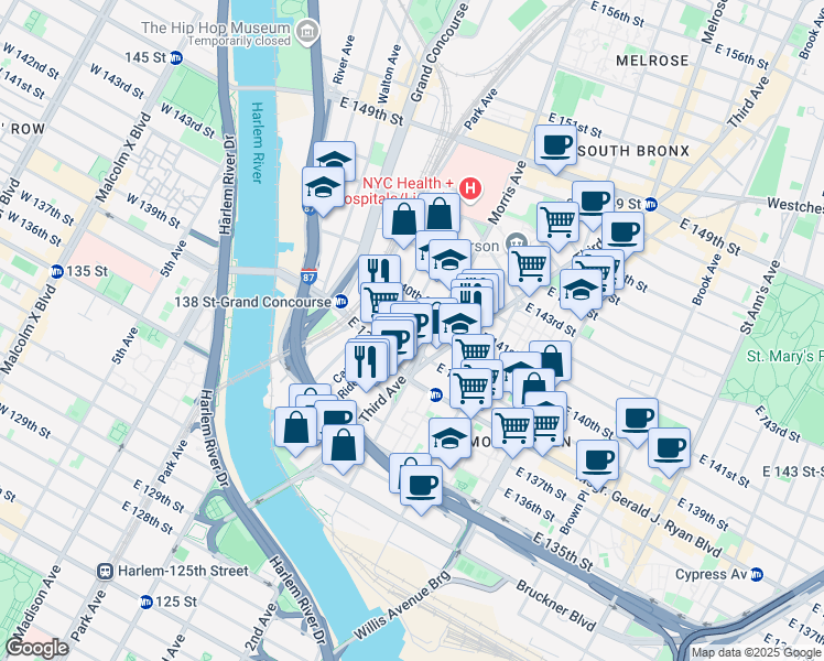 map of restaurants, bars, coffee shops, grocery stores, and more near 270 Rider Avenue in The Bronx