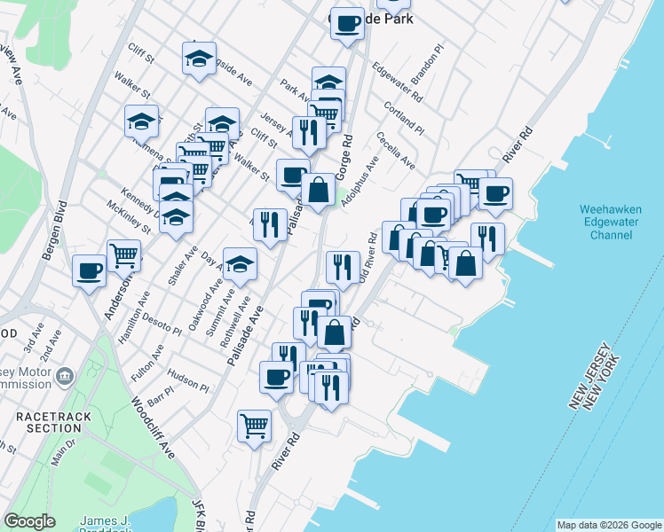 map of restaurants, bars, coffee shops, grocery stores, and more near 342 Old River Road in Edgewater