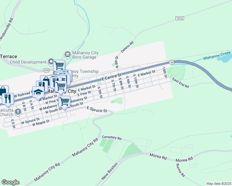 map of restaurants, bars, coffee shops, grocery stores, and more near 626 East South Street in Mahanoy City