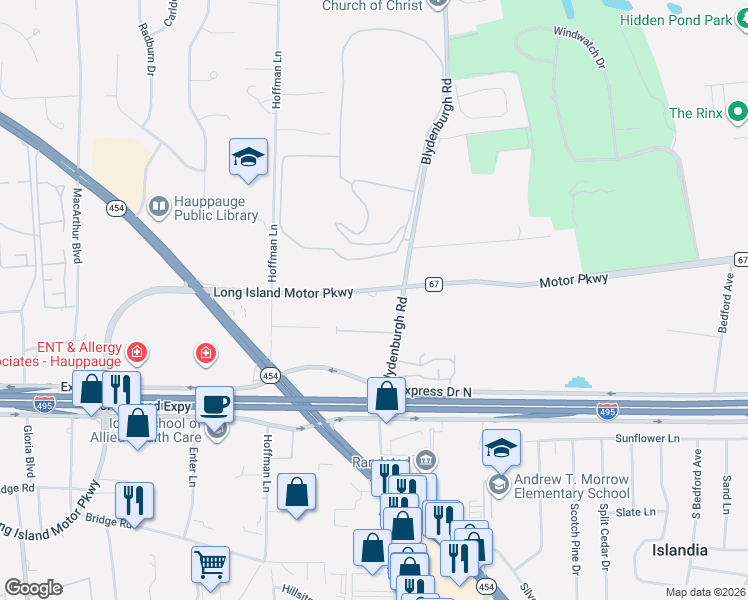 map of restaurants, bars, coffee shops, grocery stores, and more near 1488 Motor Parkway in Hauppauge