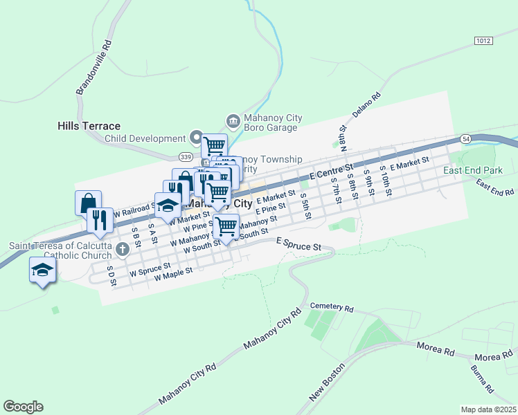 map of restaurants, bars, coffee shops, grocery stores, and more near 209 East Pine Street in Mahanoy City