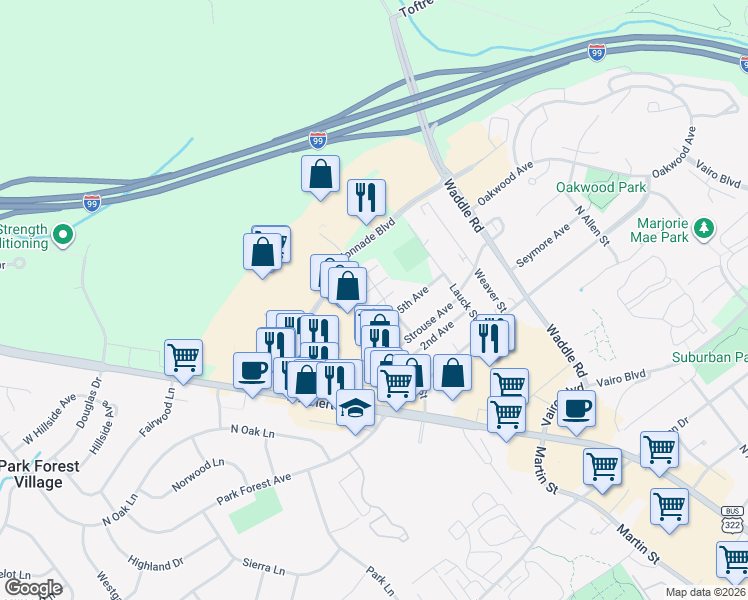 map of restaurants, bars, coffee shops, grocery stores, and more near 399 5th Avenue in State College