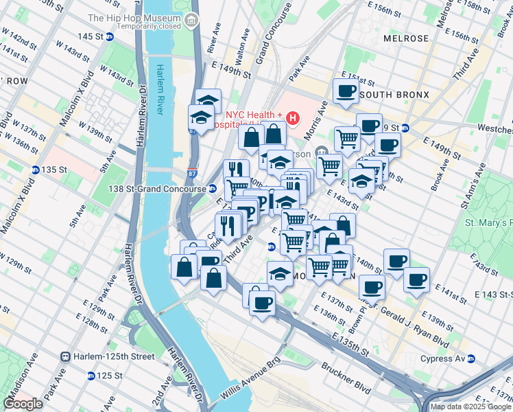 map of restaurants, bars, coffee shops, grocery stores, and more near 270 Rider Avenue in The Bronx