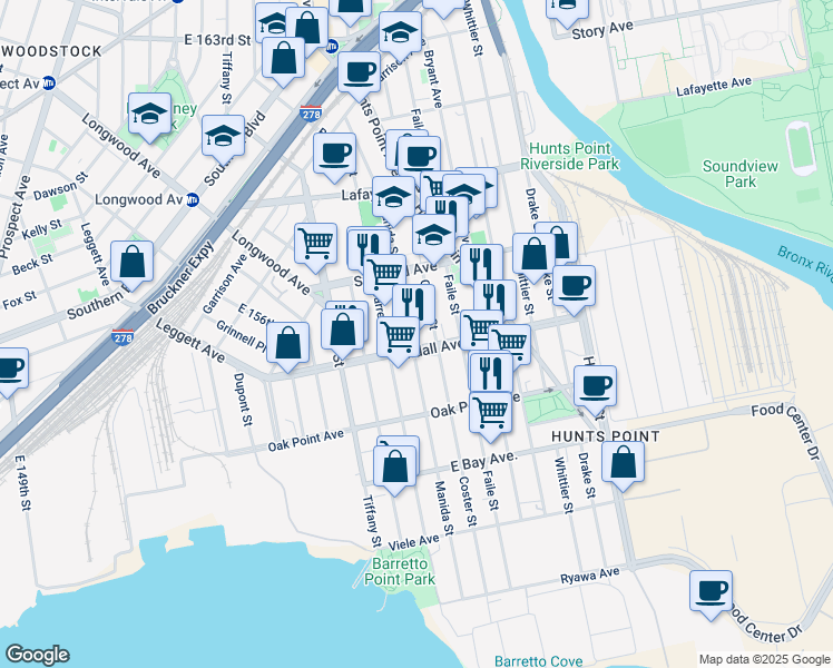 map of restaurants, bars, coffee shops, grocery stores, and more near in Bronx
