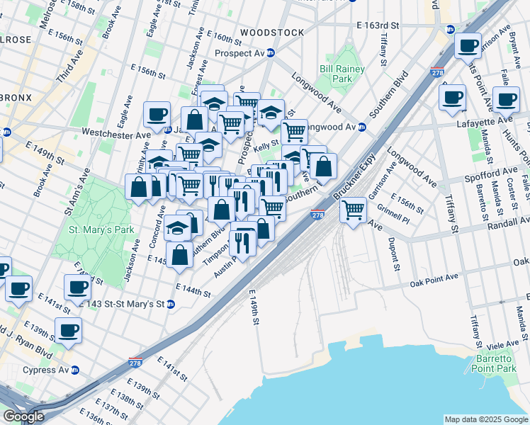 map of restaurants, bars, coffee shops, grocery stores, and more near 581 Timpson Place in Bronx