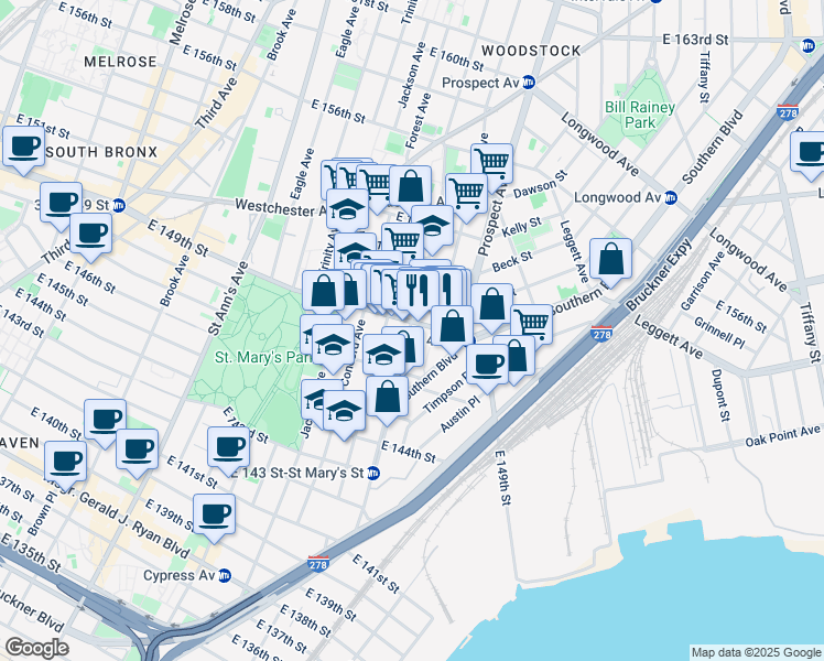 map of restaurants, bars, coffee shops, grocery stores, and more near 540 Tinton Avenue in The Bronx