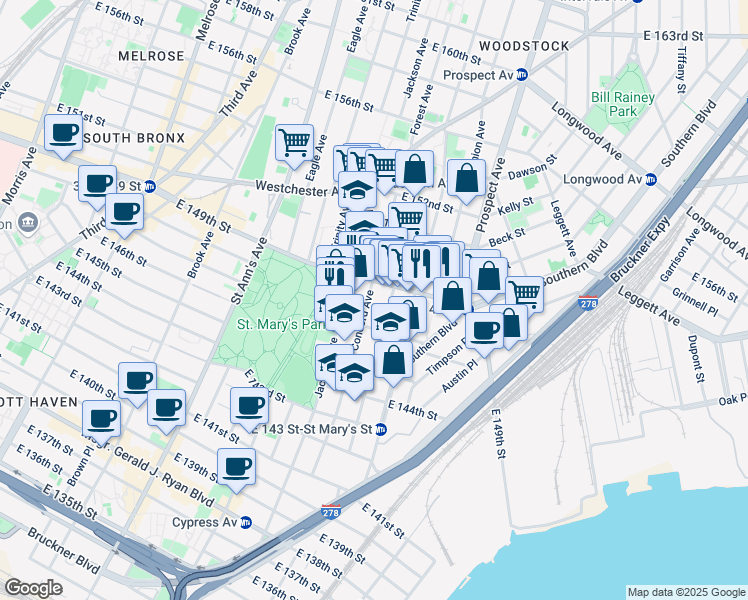 map of restaurants, bars, coffee shops, grocery stores, and more near 764B East 149th Street in The Bronx