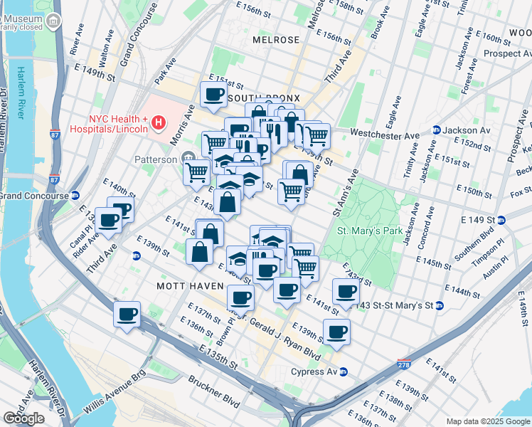 map of restaurants, bars, coffee shops, grocery stores, and more near 454 East 144th Street in Bronx