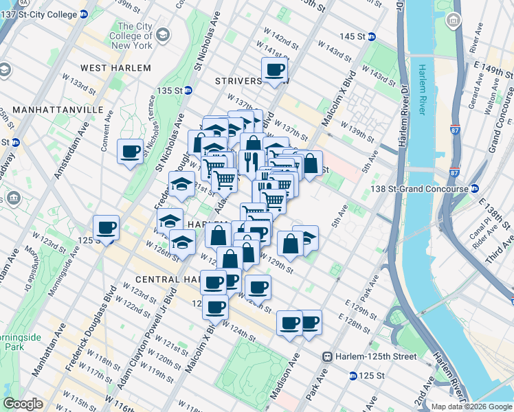 map of restaurants, bars, coffee shops, grocery stores, and more near 126 West 131st Street in New York