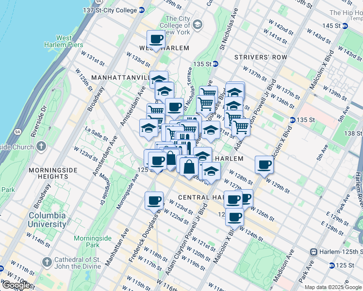 map of restaurants, bars, coffee shops, grocery stores, and more near 2377 Frederick Douglass Boulevard in New York