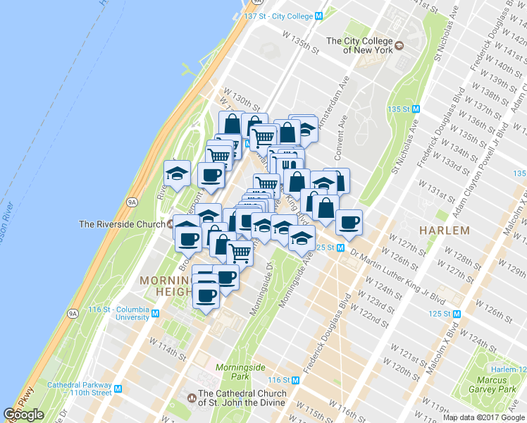 map of restaurants, bars, coffee shops, grocery stores, and more near 1302 Amsterdam Avenue in New York