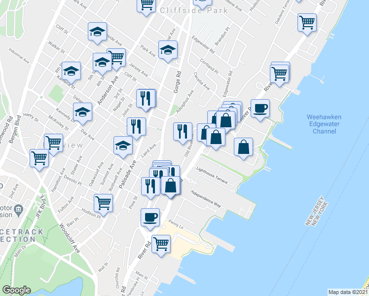 map of restaurants, bars, coffee shops, grocery stores, and more near 342 Old River Road in Edgewater