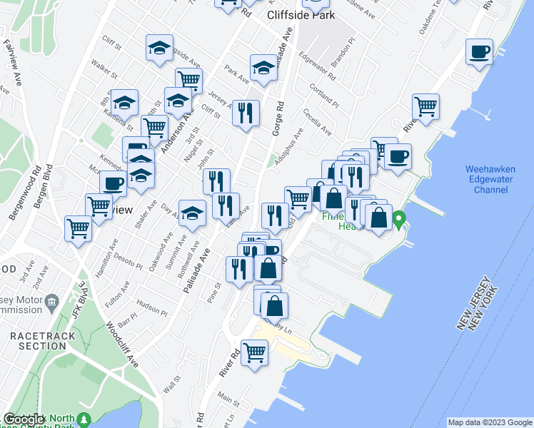 map of restaurants, bars, coffee shops, grocery stores, and more near 342 Old River Road in Edgewater
