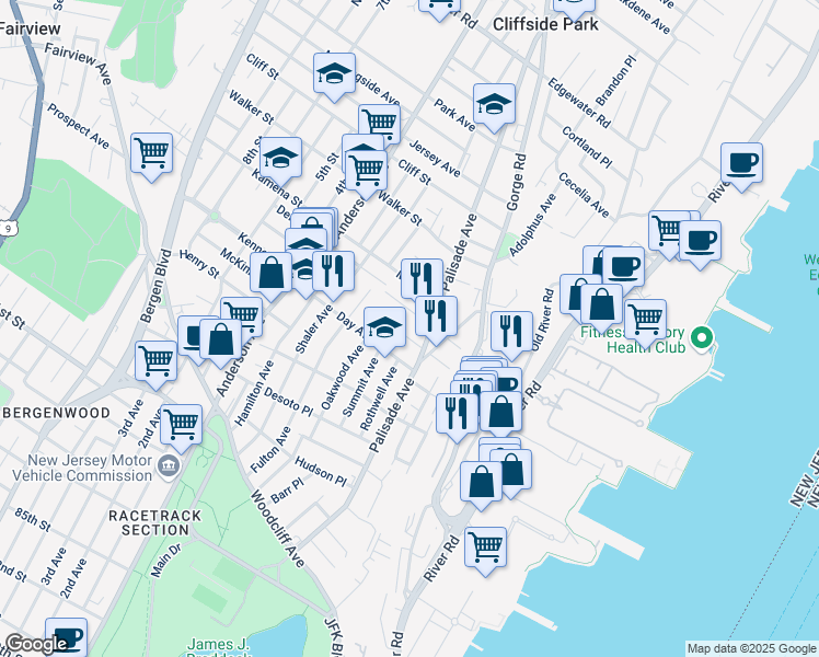 map of restaurants, bars, coffee shops, grocery stores, and more near 214 Riverview Place in Cliffside Park
