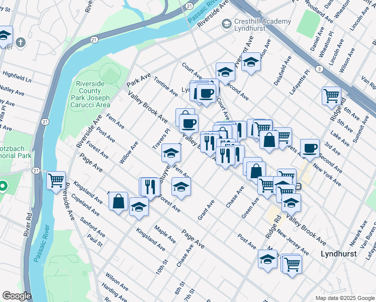 map of restaurants, bars, coffee shops, grocery stores, and more near 329 Livingston Avenue in Lyndhurst