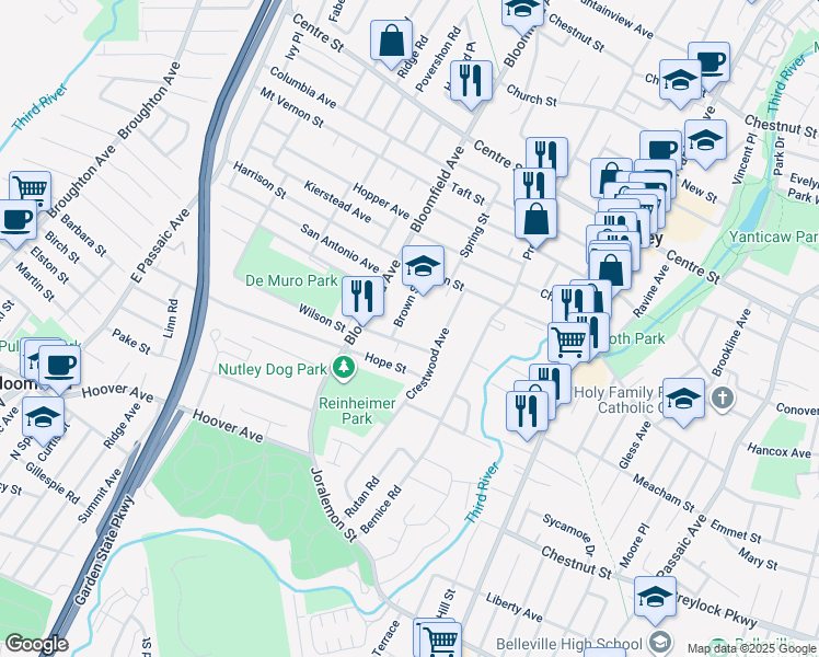 map of restaurants, bars, coffee shops, grocery stores, and more near 32 Jefferson Street in Nutley