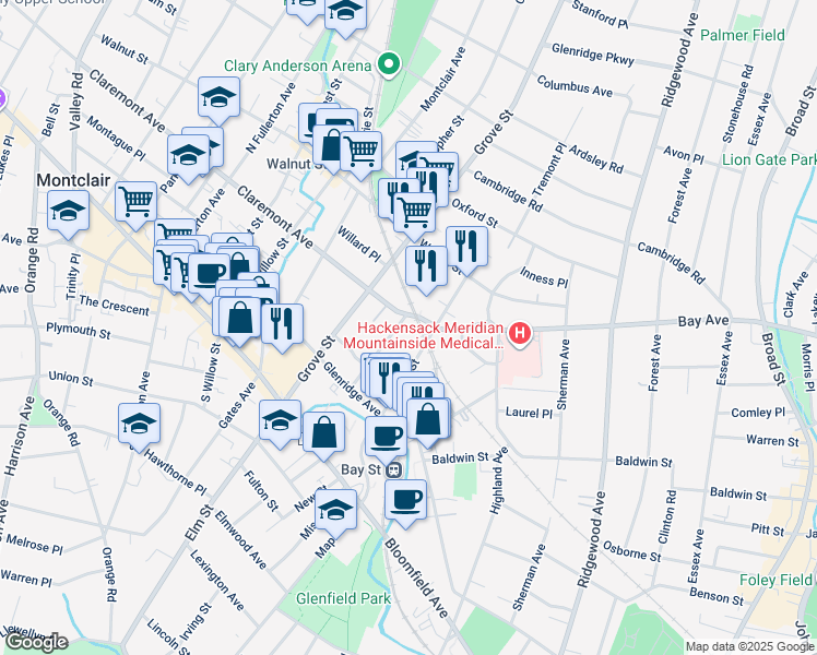 map of restaurants, bars, coffee shops, grocery stores, and more near 112 Pine Street in Montclair
