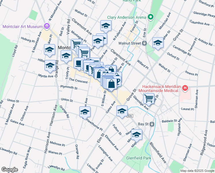 map of restaurants, bars, coffee shops, grocery stores, and more near 3 South Willow Street in Montclair