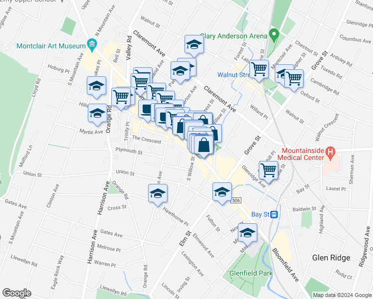 map of restaurants, bars, coffee shops, grocery stores, and more near 3 South Willow Street in Montclair