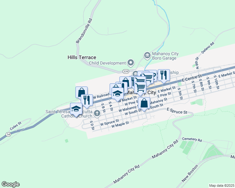 map of restaurants, bars, coffee shops, grocery stores, and more near 7 South Catawissa Street in Mahanoy City