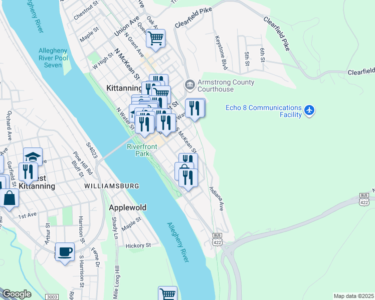 map of restaurants, bars, coffee shops, grocery stores, and more near 265 South McKean Street in Kittanning