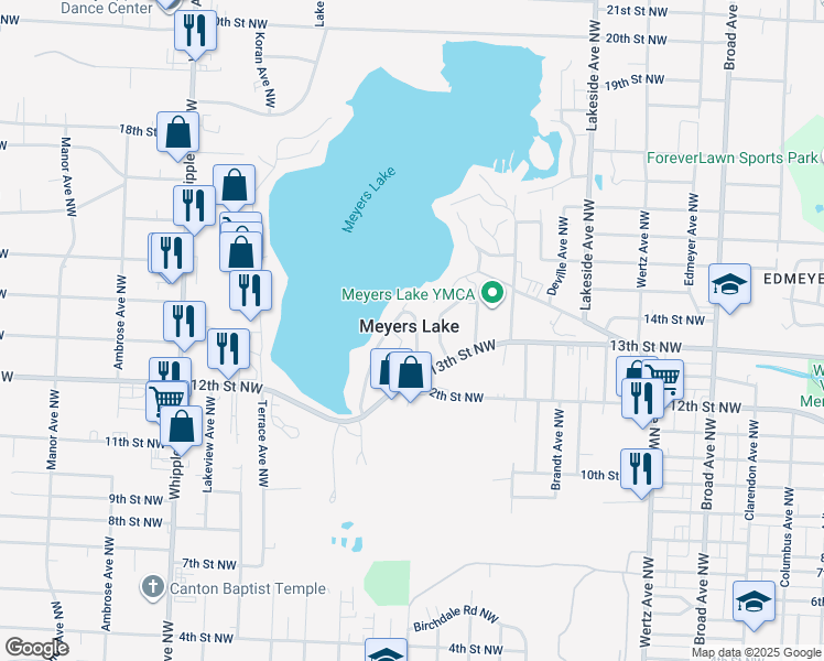 map of restaurants, bars, coffee shops, grocery stores, and more near in Meyers Lake