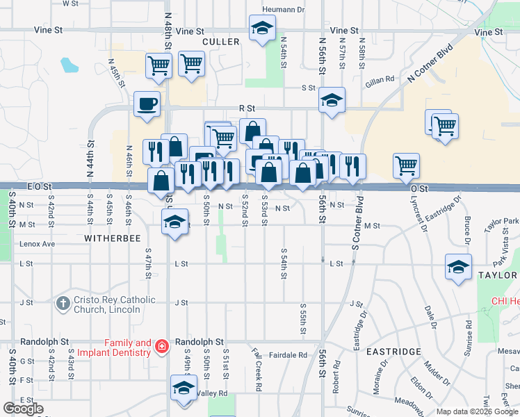 map of restaurants, bars, coffee shops, grocery stores, and more near 231 South 53rd Street in Lincoln