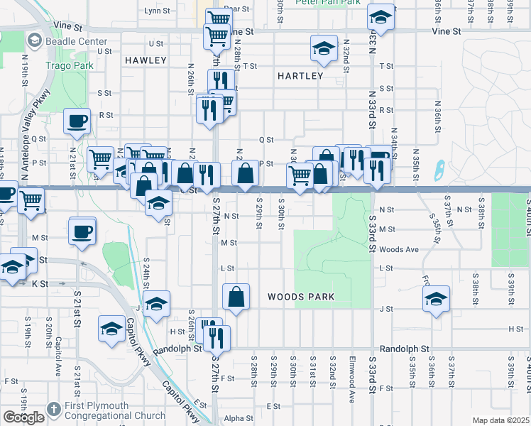 map of restaurants, bars, coffee shops, grocery stores, and more near 210 South 29th Street in Lincoln
