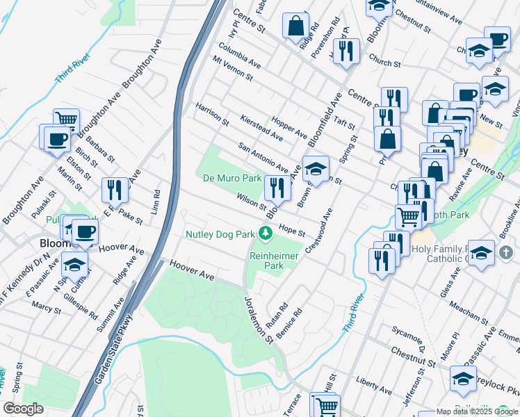 map of restaurants, bars, coffee shops, grocery stores, and more near 15 Wilson Street in Nutley