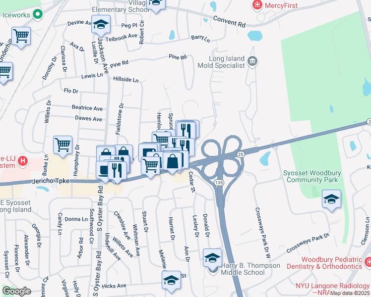 map of restaurants, bars, coffee shops, grocery stores, and more near 52 Hidden Ridge Drive in Syosset