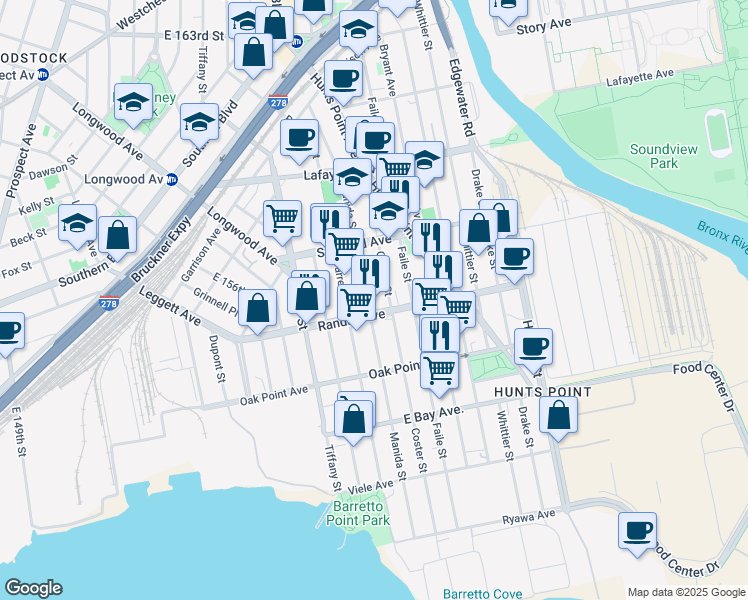 map of restaurants, bars, coffee shops, grocery stores, and more near in Bronx