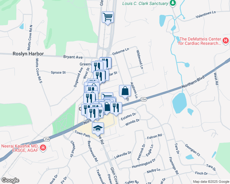 map of restaurants, bars, coffee shops, grocery stores, and more near 44 Locust Street in Greenvale
