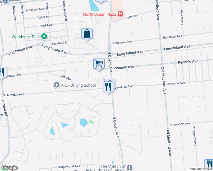 map of restaurants, bars, coffee shops, grocery stores, and more near 1600 North Ocean Avenue in Holtsville