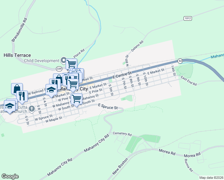 map of restaurants, bars, coffee shops, grocery stores, and more near 527 East South Street in Mahanoy City