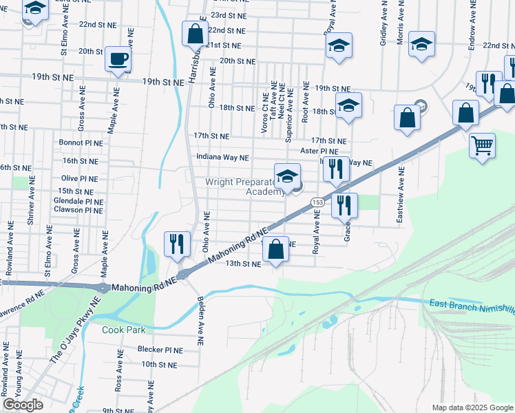 map of restaurants, bars, coffee shops, grocery stores, and more near 2307 Winfield Way Northeast in Canton