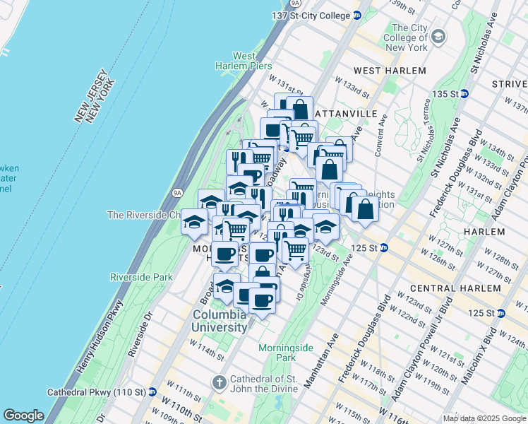 map of restaurants, bars, coffee shops, grocery stores, and more near 553 West 123rd Street in New York