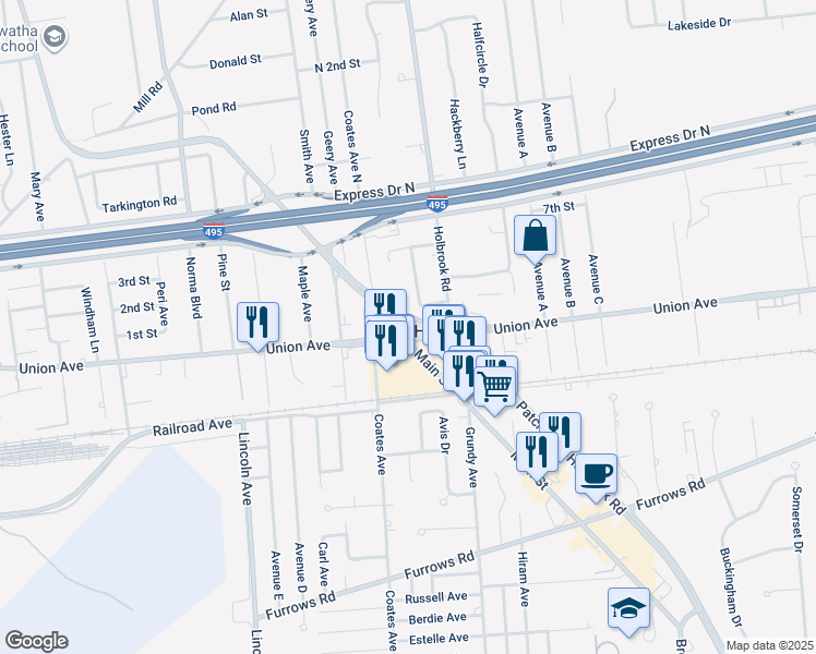 map of restaurants, bars, coffee shops, grocery stores, and more near 300 Main Street in Holbrook