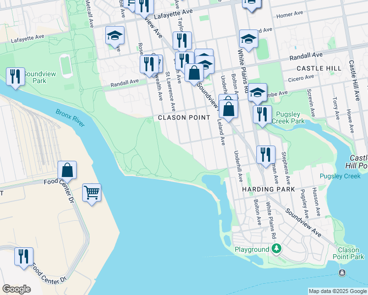 map of restaurants, bars, coffee shops, grocery stores, and more near 1780 Patterson Avenue in Bronx