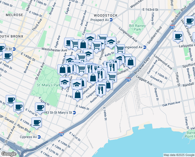 map of restaurants, bars, coffee shops, grocery stores, and more near in The Bronx