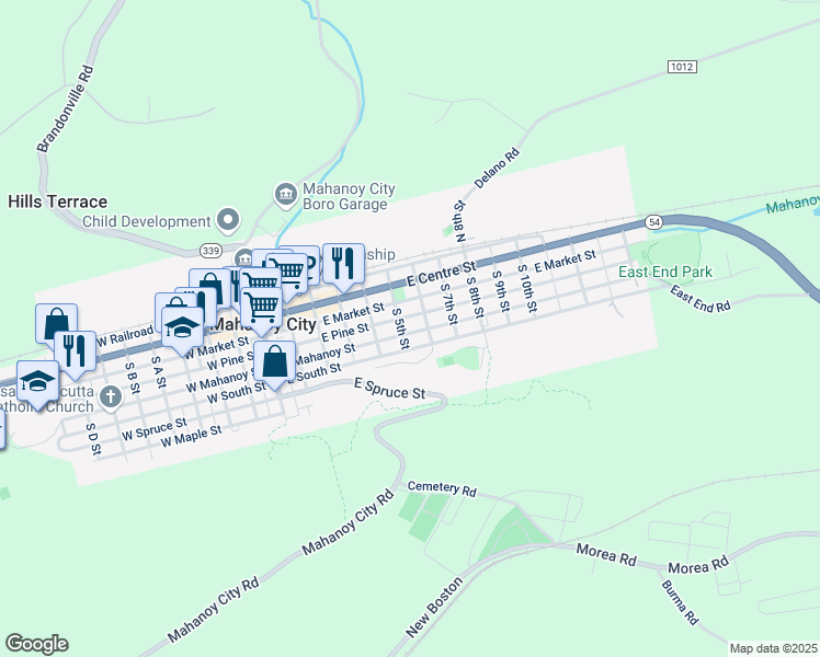 map of restaurants, bars, coffee shops, grocery stores, and more near 533 East Mahanoy Street in Mahanoy City