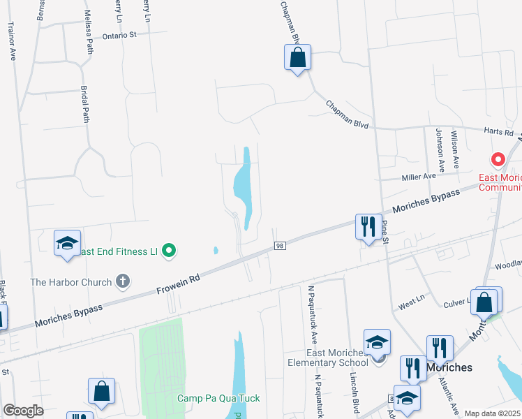map of restaurants, bars, coffee shops, grocery stores, and more near Walden Court in East Moriches
