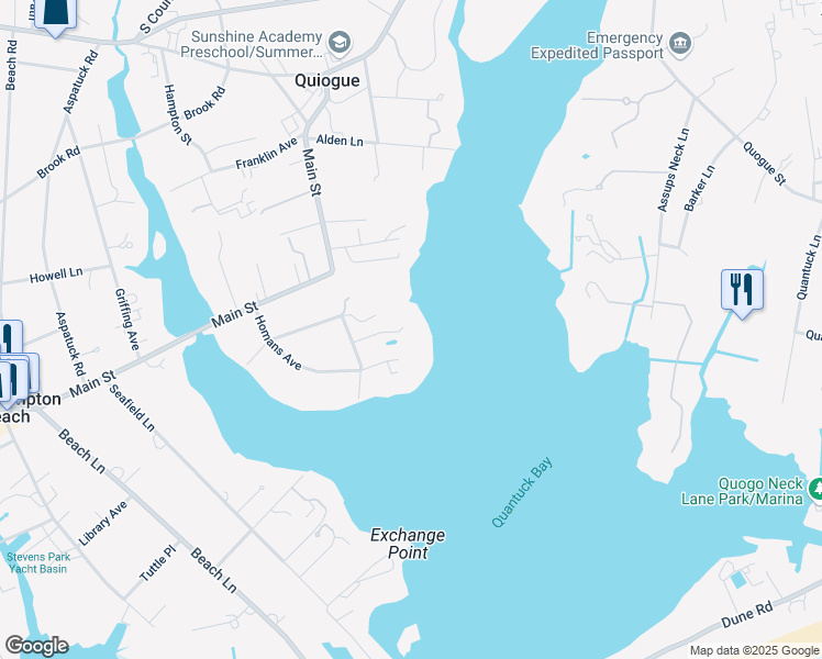 map of restaurants, bars, coffee shops, grocery stores, and more near 10 Delafield Street in Westhampton Beach
