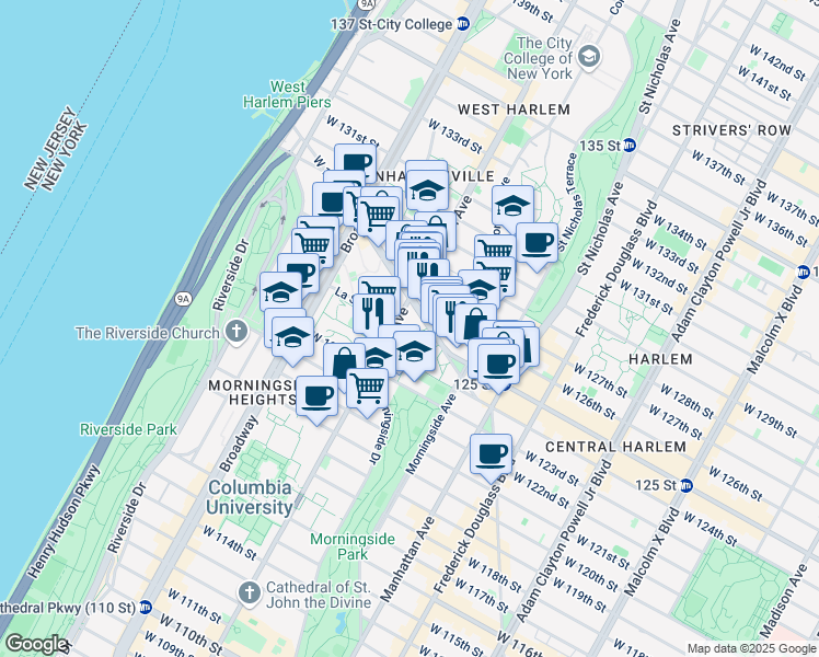 map of restaurants, bars, coffee shops, grocery stores, and more near 1315 Amsterdam Avenue in New York